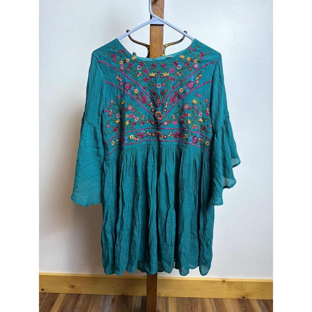 Umgee USA Teal Floral Embroidered Bell Slv Babydoll Tunic Dress Boho M Fairycore